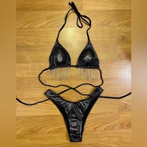 Black Metallic Striped & Rhinestone Fringe Festival Bikini Set
